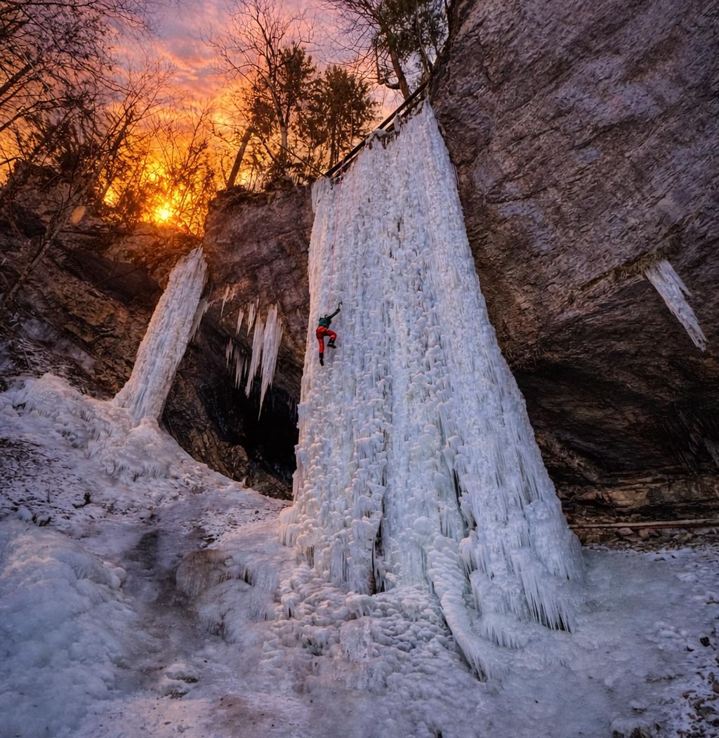 Eiskletterer am gefrorenen Wasserfall als Beispiel für mentale Stärke und Herausforderungen meistern